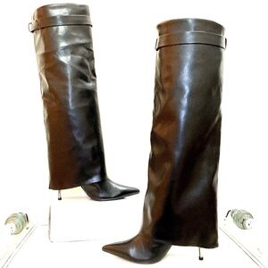 Liliana Black Fold Over Pointed Toe Side Zip Knee High Heel Boots sz 10